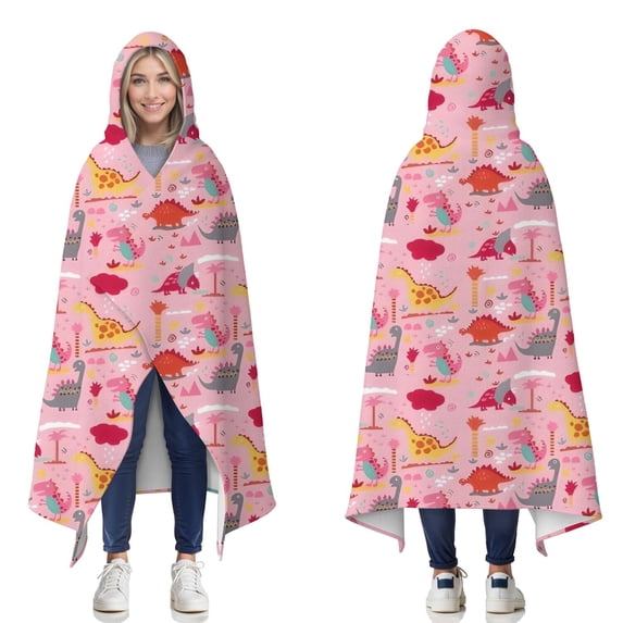 Wearable Blanket,Pink Cartoon Dinosaurs Landscape Pattern Hooded Wearable Flannel Blanket for Adults & Teens,Winter Poncho Shawl Wrap Cape Cozy Anti-Pill,60"x80"