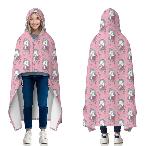 Wearable Blanket,Pink Cartoon Unicorn Flower Pattern Hooded Wearable Flannel Blanket for Adults & Teens with Buckle,Winter Poncho Shawl Wrap Cape,60"x80"