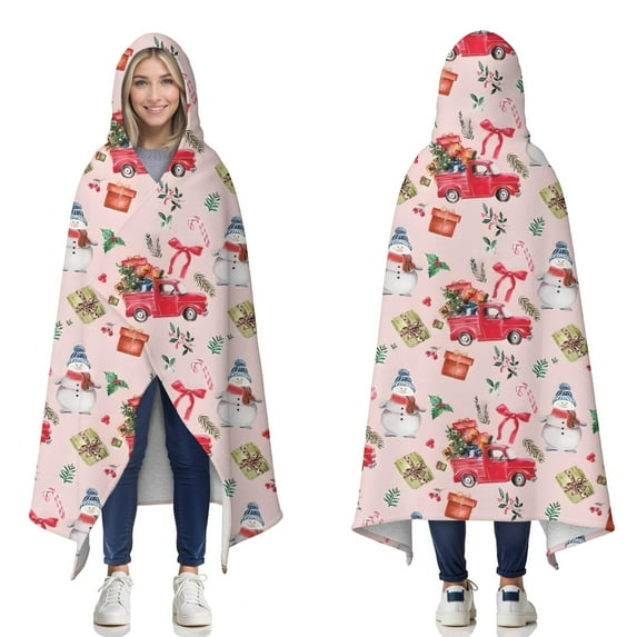 Wearable Blanket,Pink Christmas Red Truck and Snowman Pattern Hooded Wearable Sherpa Blanket for Adults & Teens,Winter Poncho Shawl Wrap Cape Thick Warm,60"x80"