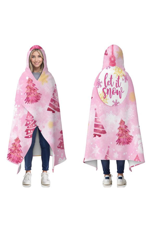 Wearable Blanket,Pink Christmas Tree Hooded Wearable Flannel Blanket for Adults & Teens,Winter Poncho Shawl Wrap Cape Cozy Anti-Pill,50"x60"