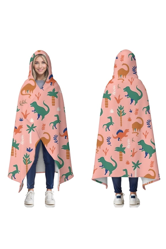 Wearable Blanket,Pink Colorful Dinosaurs Pattern Hooded Wearable Sherpa Blanket for Adults & Teens,Winter Poncho Shawl Wrap Cape Thick Warm,50"x60"