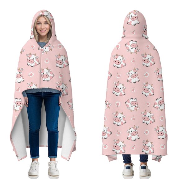 Wearable Blanket,Pink Cow Cherry Pattern Hooded Wearable Flannel Blanket for Adults & Teens with Buckle,Winter Poncho Shawl Wrap Cape,50"x60"