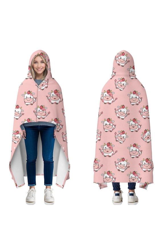 Wearable Blanket,Pink Cow Strawberry Head Pattern Hooded Wearable Flannel Blanket for Adults & Teens with Buckle,Winter Poncho Shawl Wrap Cape,50"x60"