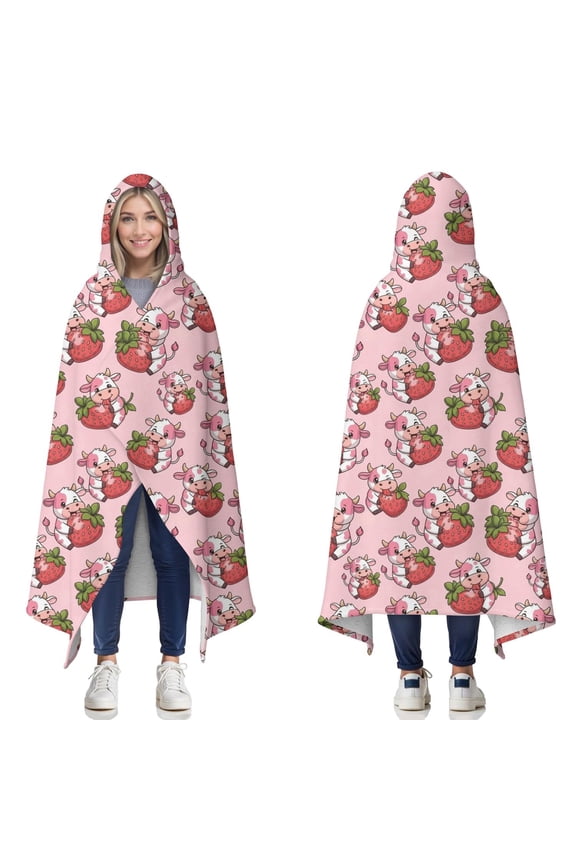 Wearable Blanket,Pink Cow Strawberry Hug Pattern Hooded Wearable Sherpa Blanket for Adults & Teens,Winter Poncho Shawl Wrap Cape Thick Warm,60"x80"