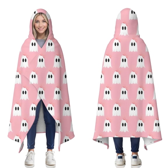 Wearable Blanket,Pink Halloween Ghosts with Bows Hooded Wearable Sherpa Blanket for Adults & Teens,Winter Poncho Shawl Wrap Cape Thick Warm,60"x80"