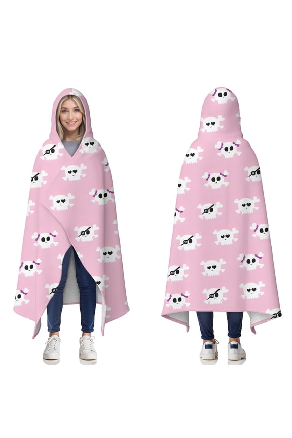 Wearable Blanket,Pink Halloween Skulls Hooded Wearable Sherpa Blanket for Adults & Teens,Winter Poncho Shawl Wrap Cape Thick Warm,60"x80"