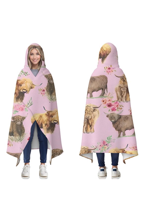Wearable Blanket,Pink Highland Cow Flower Pattern Hooded Wearable Flannel Blanket for Adults & Teens,Winter Poncho Shawl Wrap Cape Cozy Anti-Pill,50"x60"