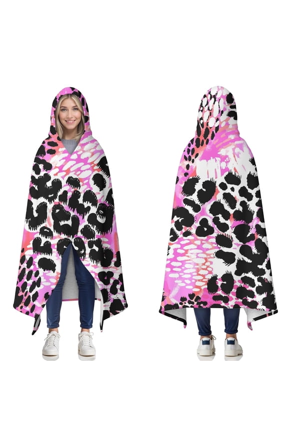 Wearable Blanket,Pink Leopard Pattern Hooded Wearable Sherpa Blanket for Adults & Teens,Winter Poncho Shawl Wrap Cape Thick Warm,50"x60"
