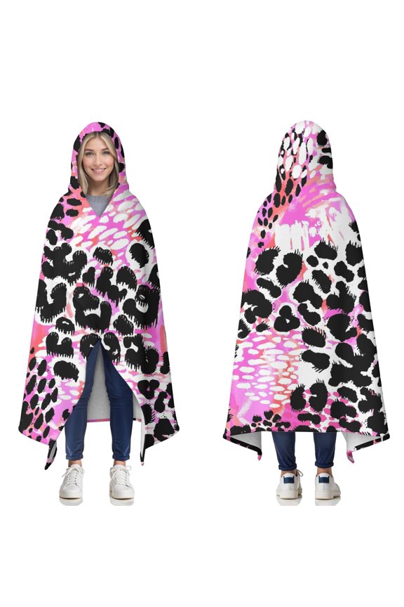 Wearable Blanket,Pink Leopard Pattern Hooded Wearable Sherpa Blanket for Adults & Teens,Winter Poncho Shawl Wrap Cape Thick Warm,60"x80"