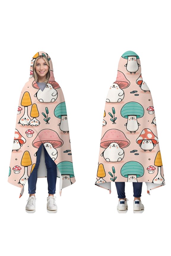 Wearable Blanket,Pink Mushroom Cartoon Light Pattern Hooded Wearable Flannel Blanket for Adults & Teens,Winter Poncho Shawl Wrap Cape Cozy Anti-Pill,50"x60"