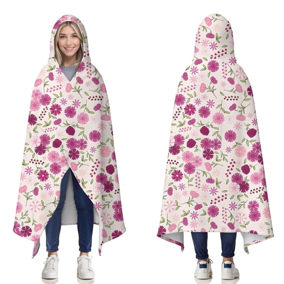 Wearable Blanket,Pink Pioneer Flower Pattern Hooded Wearable Sherpa Blanket for Adults & Teens,Winter Poncho Shawl Wrap Cape Thick Warm,60"x80"