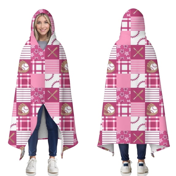 Wearable Blanket,Pink Plaid Baseball Pattern Hooded Wearable Sherpa Blanket for Adults & Teens,Winter Poncho Shawl Wrap Cape Thick Warm,60"x80"