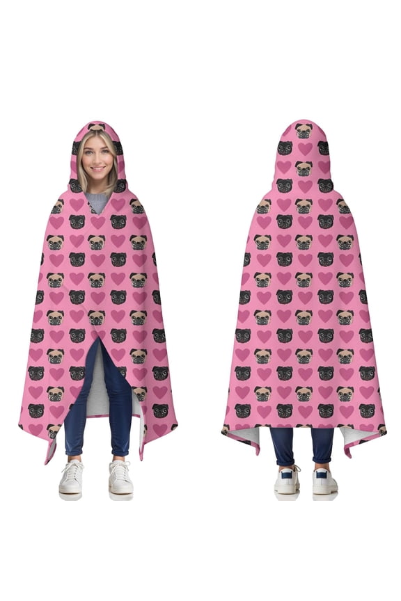 Wearable Blanket,Pink Pug Puppies Hooded Wearable Sherpa Blanket for Adults & Teens,Winter Poncho Shawl Wrap Cape Thick Warm,60"x80"