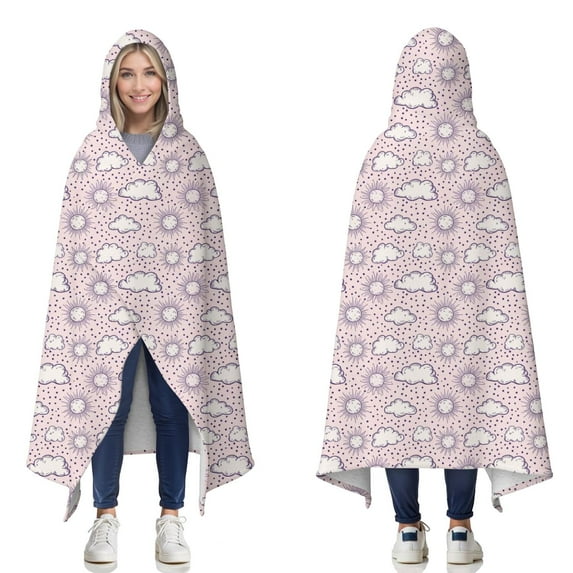 Wearable Blanket,Pink Purple Sun Cloud Pattern Hooded Wearable Sherpa Blanket for Adults & Teens,Winter Poncho Shawl Wrap Cape Thick Warm,60"x80"