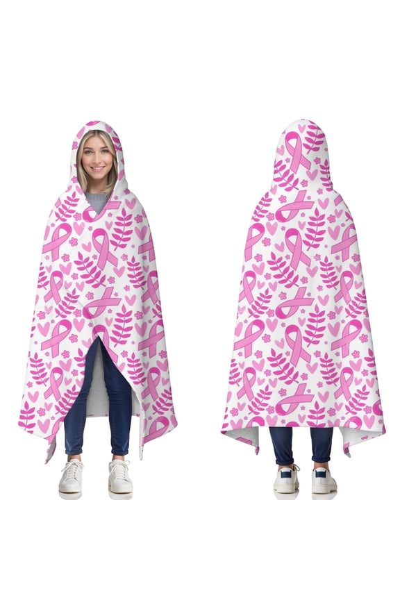 Wearable Blanket,Pink Ribbon Breast Cancer Pattern Hooded Wearable Sherpa Blanket for Adults & Teens,Winter Poncho Shawl Wrap Cape Thick Warm,50"x60"