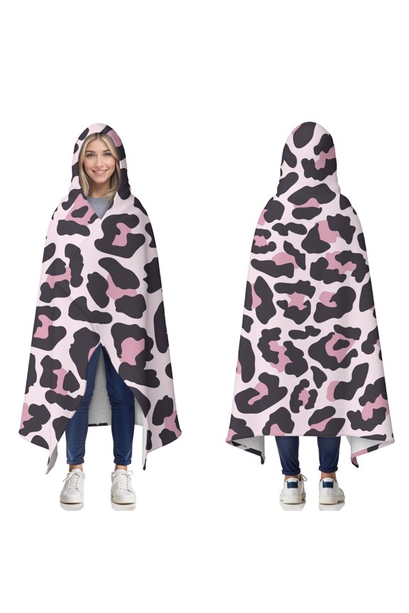 Wearable Blanket,Pink and Black Of Leopard Print Hooded Wearable Sherpa Blanket for Adults & Teens,Winter Poncho Shawl Wrap Cape Thick Warm,50"x60"