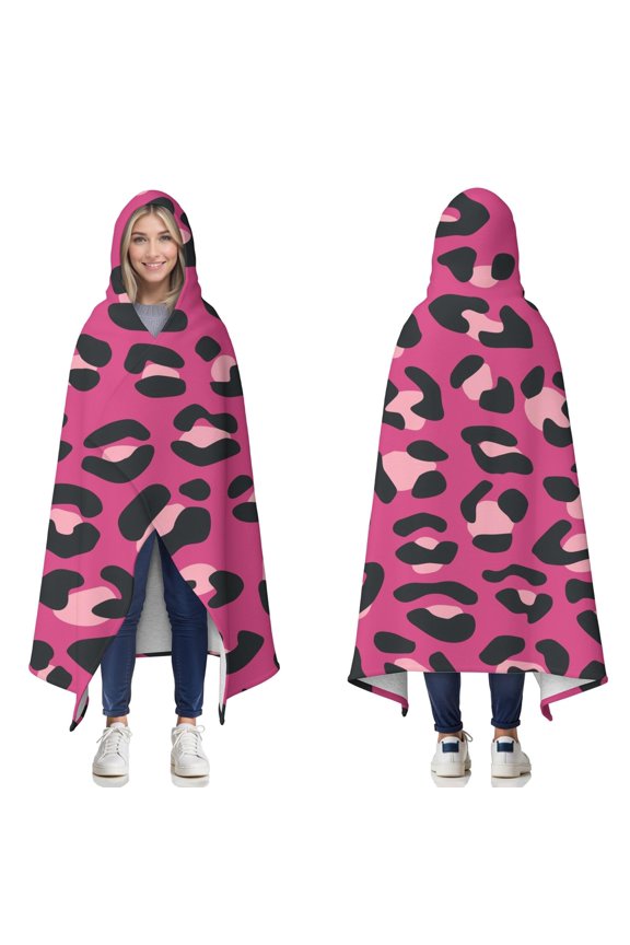 Wearable Blanket,Pink and Black Of Leopard Print Hooded Wearable Sherpa Blanket for Adults & Teens,Winter Poncho Shawl Wrap Cape Thick Warm,50"x60"