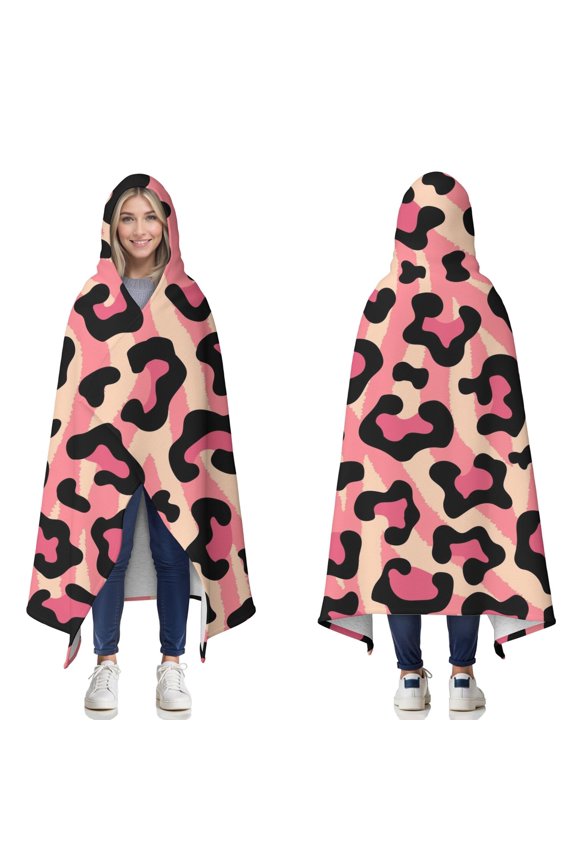 Wearable Blanket,Pink and Black Of Leopard Print Hooded Wearable Sherpa Blanket for Adults & Teens,Winter Poncho Shawl Wrap Cape Thick Warm,50"x60"