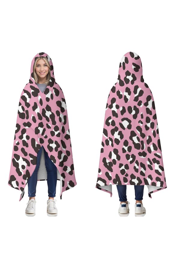 Wearable Blanket,Pink and Black Of Leopard Print Hooded Wearable Sherpa Blanket for Adults & Teens,Winter Poncho Shawl Wrap Cape Thick Warm,50"x60"