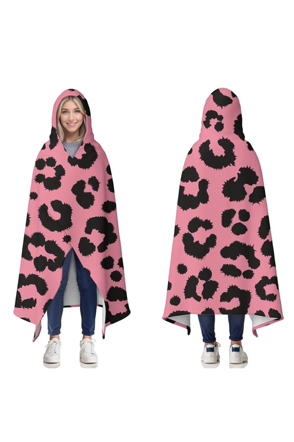 Wearable Blanket,Pink and Black Of Leopard Print Hooded Wearable Sherpa Blanket for Adults & Teens,Winter Poncho Shawl Wrap Cape Thick Warm,50"x60"