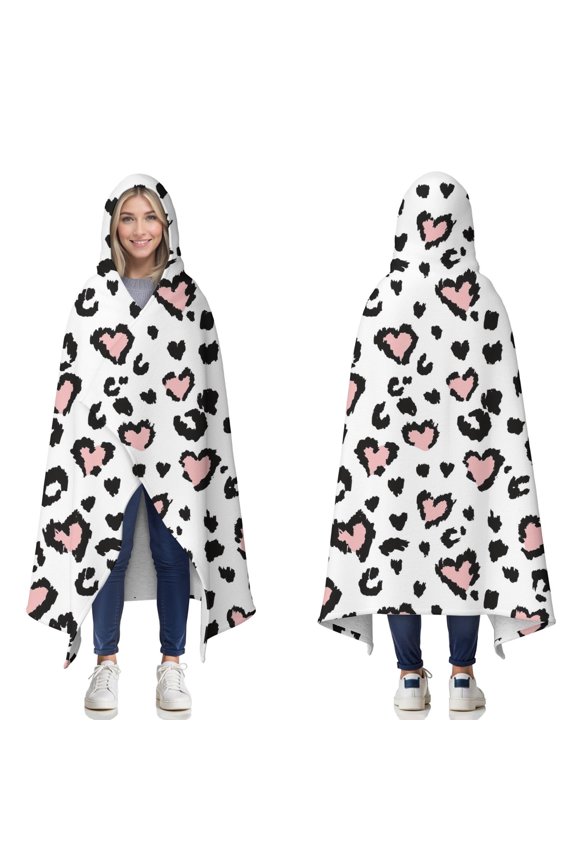 Wearable Blanket,Pink and Black Of Leopard Print Hooded Wearable Sherpa Blanket for Adults & Teens,Winter Poncho Shawl Wrap Cape Thick Warm,60"x80"
