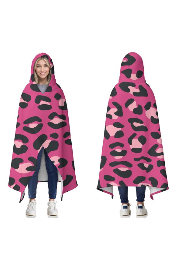 Wearable Blanket,Pink and Black Of Leopard Print Hooded Wearable Sherpa Blanket for Adults & Teens,Winter Poncho Shawl Wrap Cape Thick Warm,60"x80"