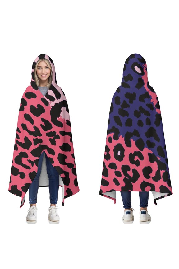Wearable Blanket,Pink and Black Of Leopard Print Hooded Wearable Sherpa Blanket for Adults & Teens,Winter Poncho Shawl Wrap Cape Thick Warm,60"x80"
