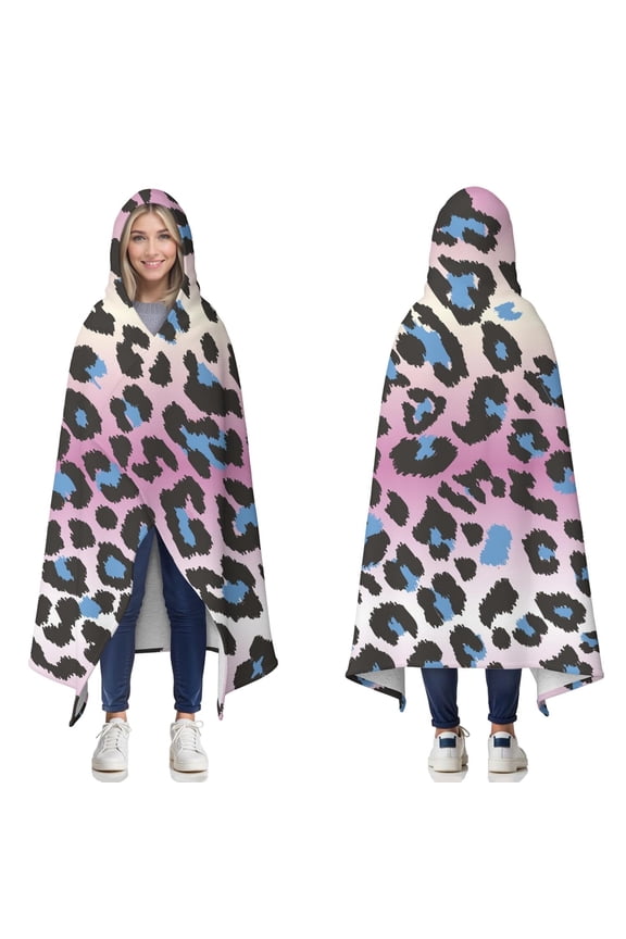 Wearable Blanket,Pink and Blue Of Leopard Print Hooded Wearable Sherpa Blanket for Adults & Teens,Winter Poncho Shawl Wrap Cape Thick Warm,50"x60"