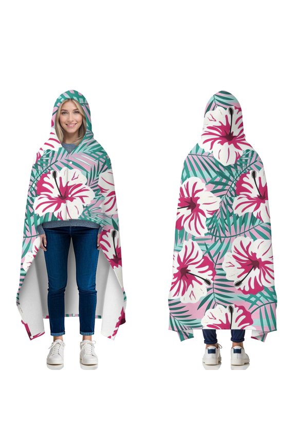 Wearable Blanket,Pioneer Flower Floral Print Pattern Hooded Wearable Flannel Blanket for Adults & Teens with Buckle,Winter Poncho Shawl Wrap Cape,50"x60"