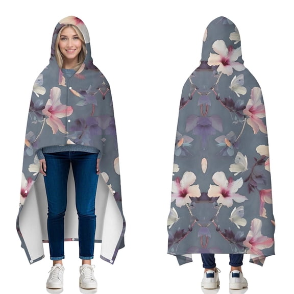 Wearable Blanket,Pioneer Flower Floral Print Pattern Hooded Wearable Flannel Blanket for Adults & Teens with Buckle,Winter Poncho Shawl Wrap Cape,50"x60"