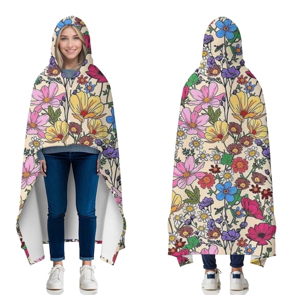 Wearable Blanket,Pioneer Flower Floral Print Pattern Hooded Wearable Flannel Blanket for Adults & Teens with Buckle,Winter Poncho Shawl Wrap Cape,50"x60"