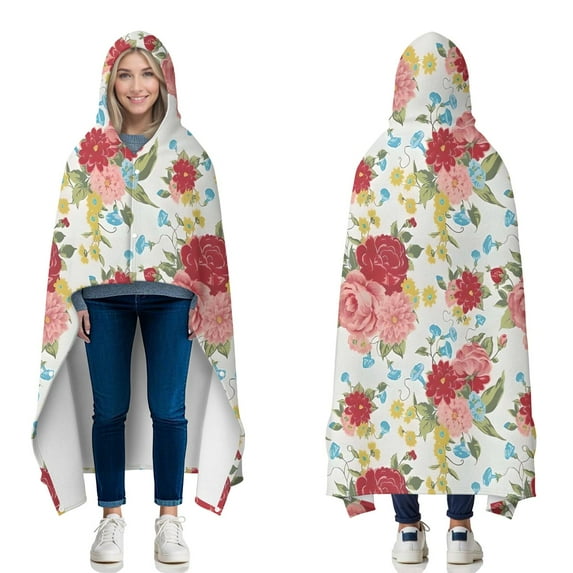 Wearable Blanket,Pioneer Flower Floral Print Pattern Hooded Wearable Flannel Blanket for Adults & Teens with Buckle,Winter Poncho Shawl Wrap Cape,50"x60"