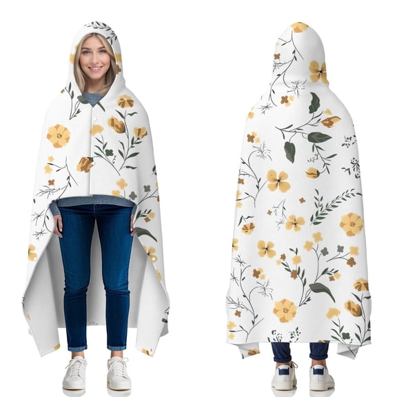 Wearable Blanket,Pioneer Flower Floral Print Pattern Hooded Wearable Flannel Blanket for Adults & Teens with Buckle,Winter Poncho Shawl Wrap Cape,50"x60"