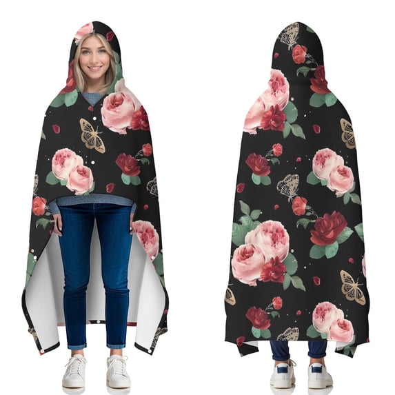 Wearable Blanket,Pioneer Flower Floral Print Pattern Hooded Wearable Flannel Blanket for Adults & Teens with Buckle,Winter Poncho Shawl Wrap Cape,50"x60"