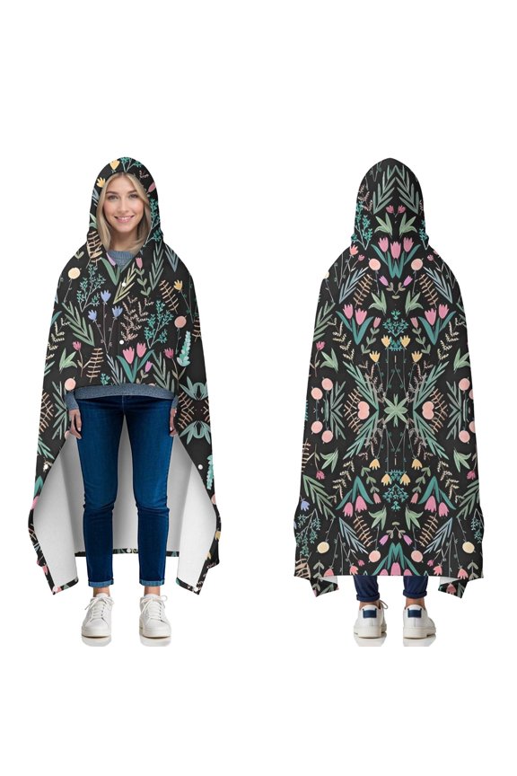 Wearable Blanket,Pioneer Flower Floral Print Pattern Hooded Wearable Flannel Blanket for Adults & Teens with Buckle,Winter Poncho Shawl Wrap Cape,50"x60"