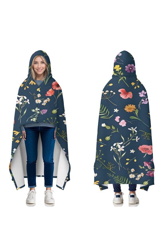 Wearable Blanket,Pioneer Flower Floral Print Pattern Hooded Wearable Flannel Blanket for Adults & Teens with Buckle,Winter Poncho Shawl Wrap Cape,50"x60"