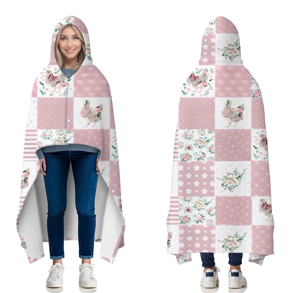 Wearable Blanket,Pioneer Flower Floral Print Pattern Hooded Wearable Flannel Blanket for Adults & Teens with Buckle,Winter Poncho Shawl Wrap Cape,50"x60"