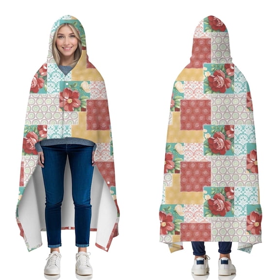 Wearable Blanket,Pioneer Flower Floral Print Pattern Hooded Wearable Flannel Blanket for Adults & Teens with Buckle,Winter Poncho Shawl Wrap Cape,50"x60"