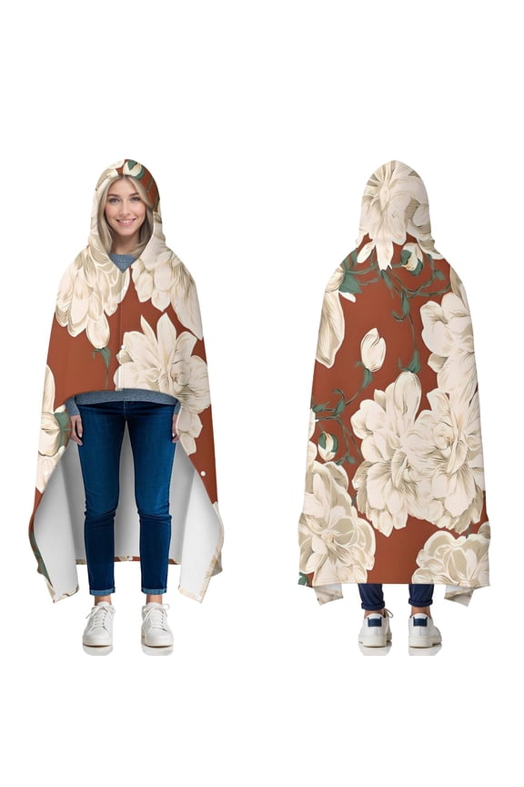 Wearable Blanket,Pioneer Flower Floral Print Pattern Hooded Wearable Flannel Blanket for Adults & Teens with Buckle,Winter Poncho Shawl Wrap Cape,50"x60"