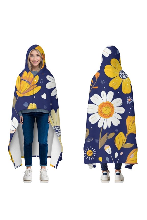 Wearable Blanket,Pioneer Flower Floral Print Pattern Hooded Wearable Flannel Blanket for Adults & Teens with Buckle,Winter Poncho Shawl Wrap Cape,50"x60"