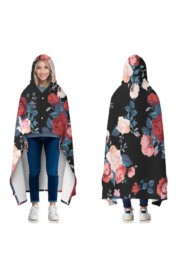 Wearable Blanket,Pioneer Flower Floral Print Pattern Hooded Wearable Flannel Blanket for Adults & Teens with Buckle,Winter Poncho Shawl Wrap Cape,50"x60"
