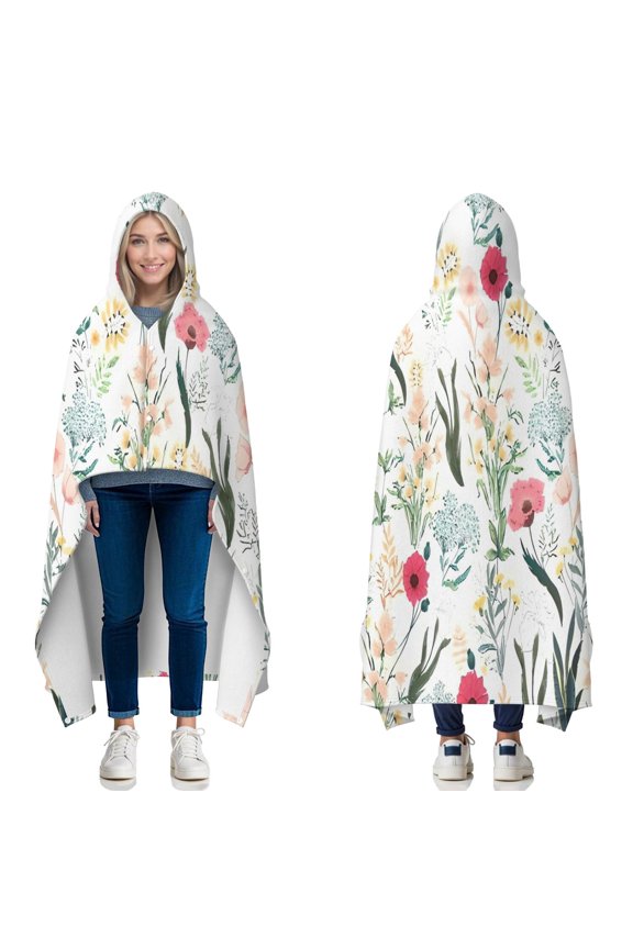 Wearable Blanket,Pioneer Flower Floral Print Pattern Hooded Wearable Flannel Blanket for Adults & Teens with Buckle,Winter Poncho Shawl Wrap Cape,50"x60"