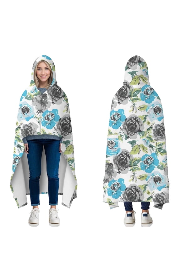 Wearable Blanket,Pioneer Flower Floral Print Pattern Hooded Wearable Flannel Blanket for Adults & Teens with Buckle,Winter Poncho Shawl Wrap Cape,50"x60"