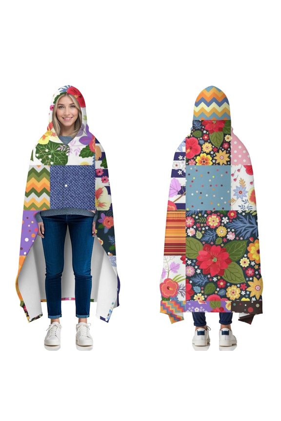 Wearable Blanket,Pioneer Flower Floral Print Pattern Hooded Wearable Flannel Blanket for Adults & Teens with Buckle,Winter Poncho Shawl Wrap Cape,50"x60"