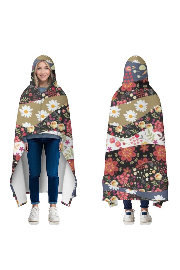 Wearable Blanket,Pioneer Flower Floral Print Pattern Hooded Wearable Flannel Blanket for Adults & Teens with Buckle,Winter Poncho Shawl Wrap Cape,50"x60"