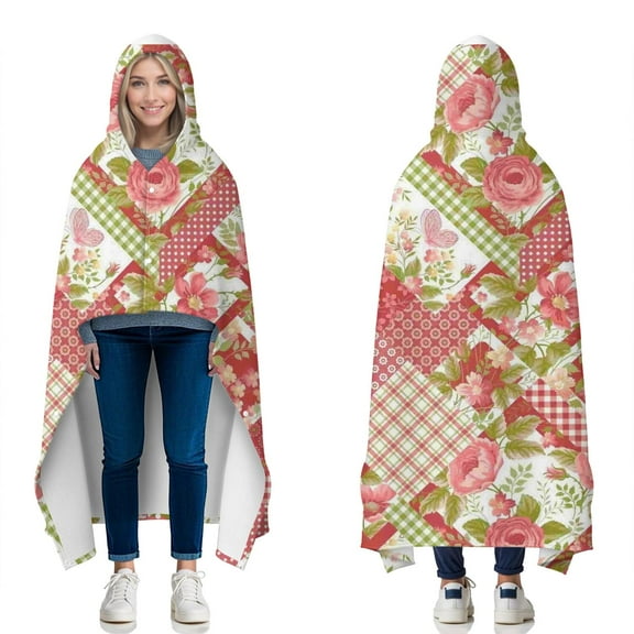 Wearable Blanket,Pioneer Flower Floral Print Pattern Hooded Wearable Flannel Blanket for Adults & Teens with Buckle,Winter Poncho Shawl Wrap Cape,50"x60"