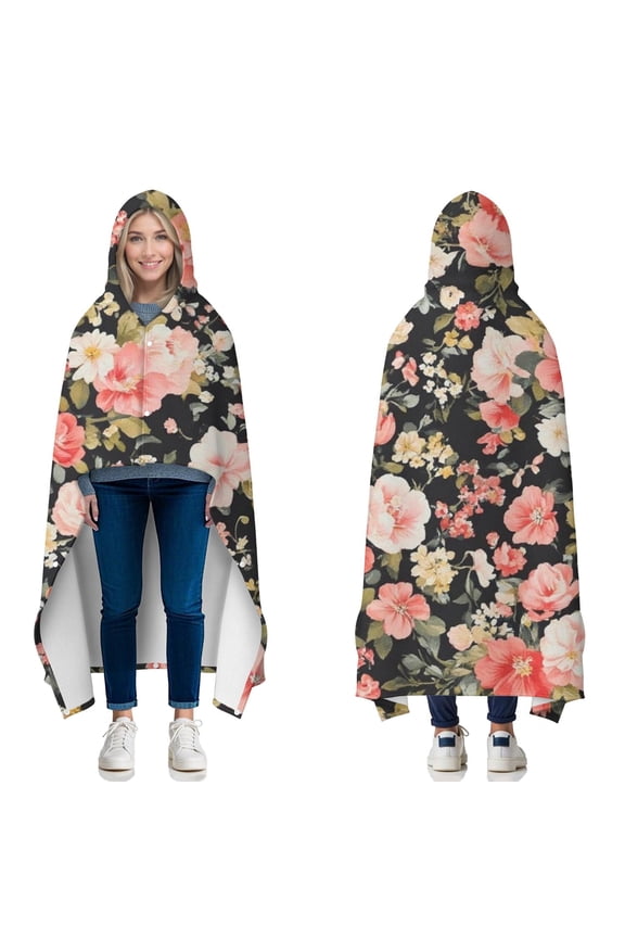 Wearable Blanket,Pioneer Flower Floral Print Pattern Hooded Wearable Flannel Blanket for Adults & Teens with Buckle,Winter Poncho Shawl Wrap Cape,50"x60"