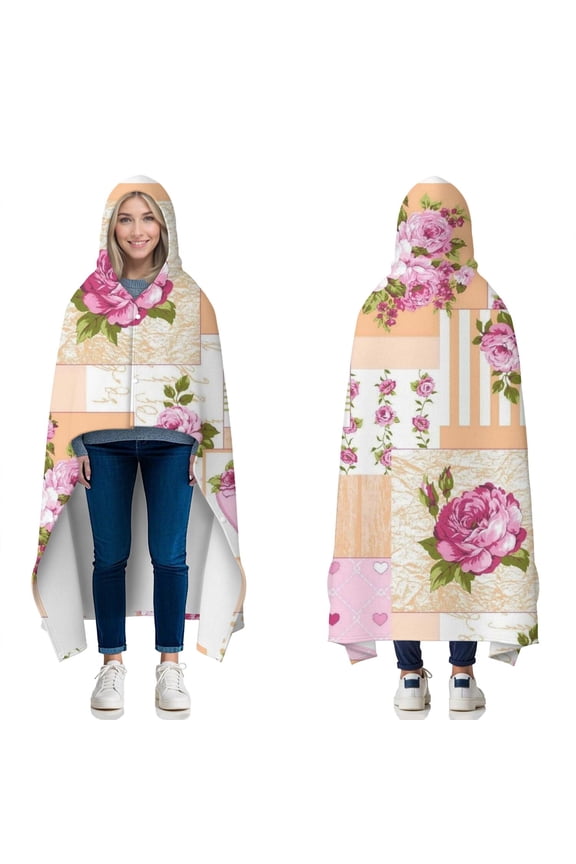 Wearable Blanket,Pioneer Flower Floral Print Pattern Hooded Wearable Flannel Blanket for Adults & Teens with Buckle,Winter Poncho Shawl Wrap Cape,50"x60"