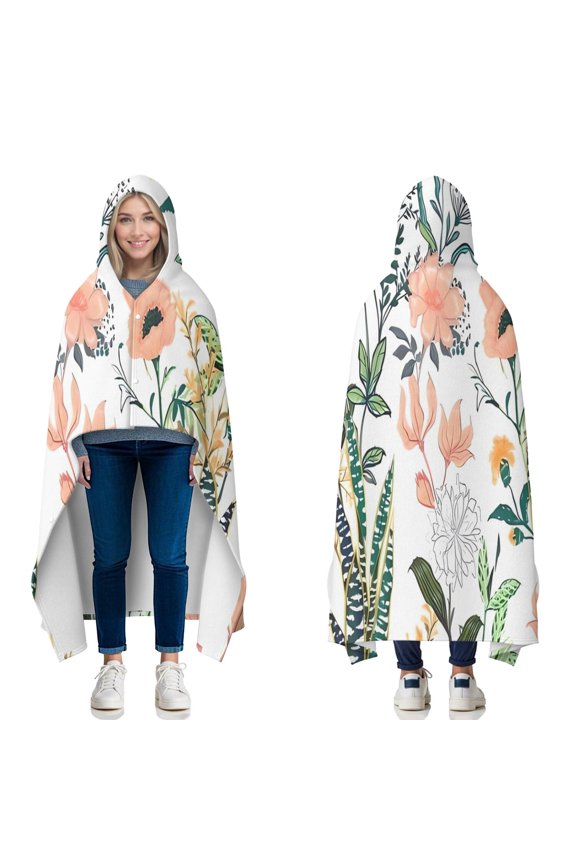 Wearable Blanket,Pioneer Flower Floral Print Pattern Hooded Wearable Flannel Blanket for Adults & Teens with Buckle,Winter Poncho Shawl Wrap Cape,50"x60"
