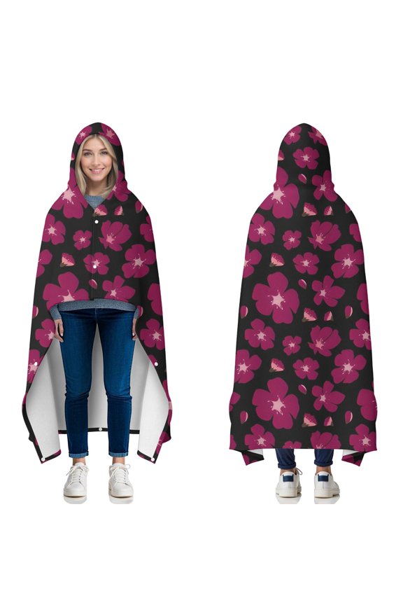 Wearable Blanket,Pioneer Flower Floral Print Pattern Hooded Wearable Flannel Blanket for Adults & Teens with Buckle,Winter Poncho Shawl Wrap Cape,50"x60"